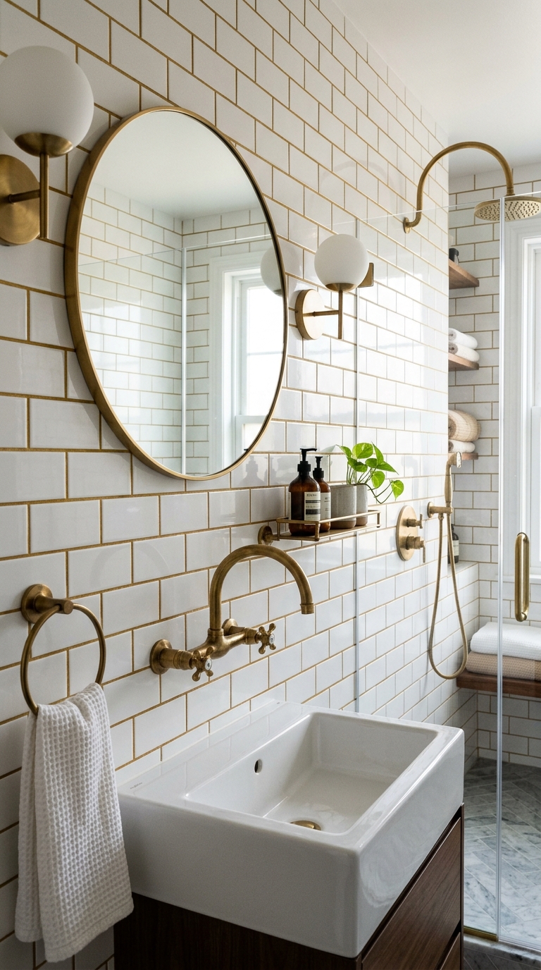 White subway tile with gold grout in a chic bathroom