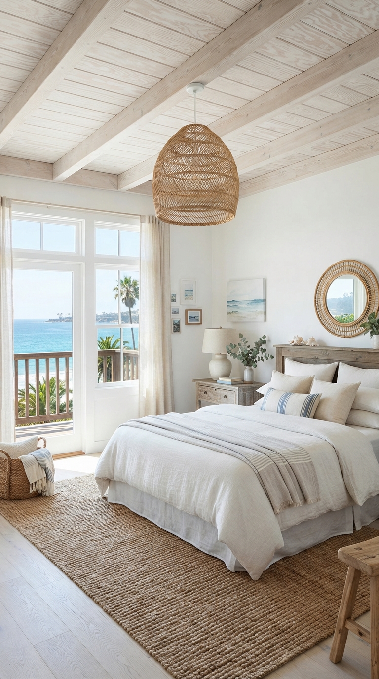 Whitewashed plywood ceiling in a coastal-style bedroom