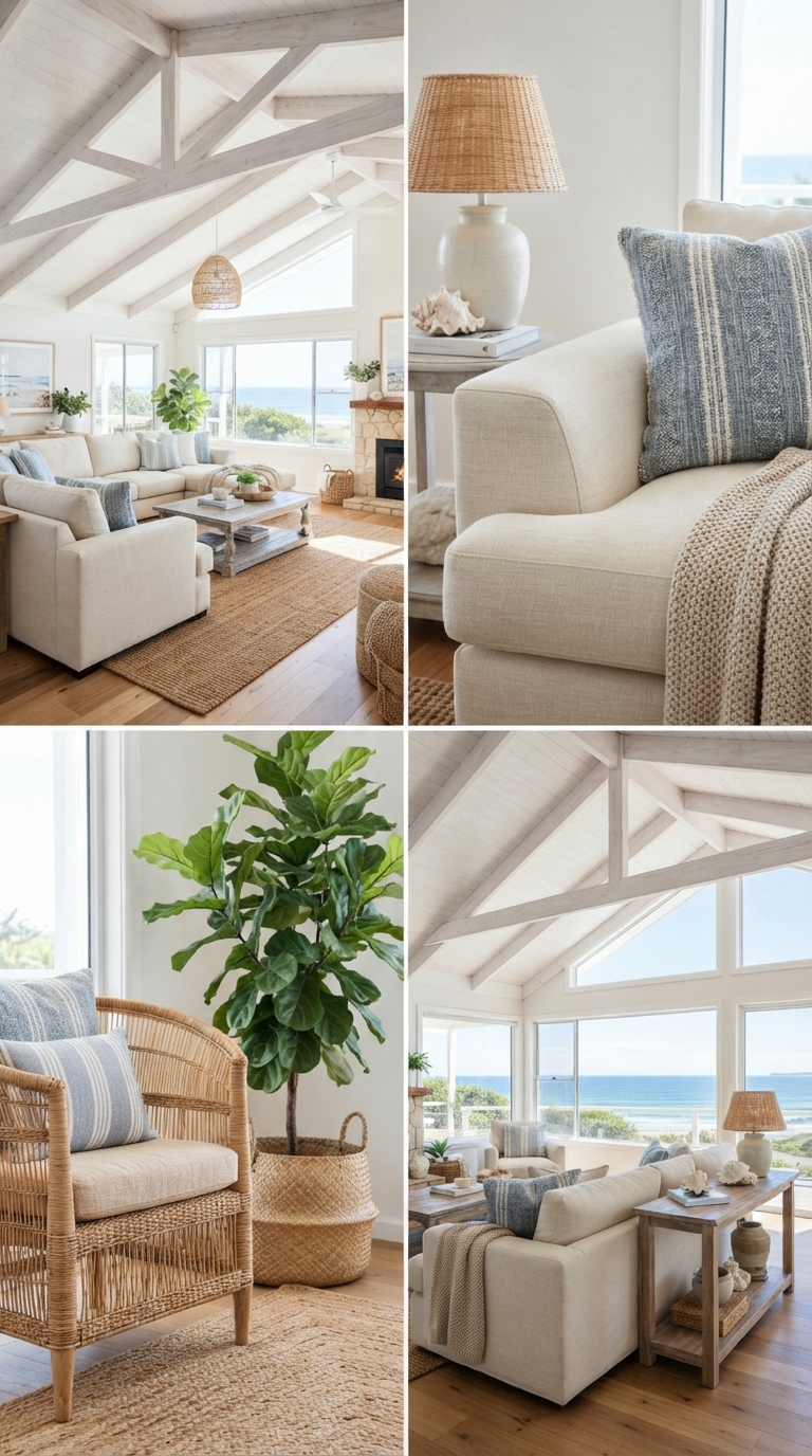 Collage of whitewashed wood beams on a coastal vaulted ceiling
