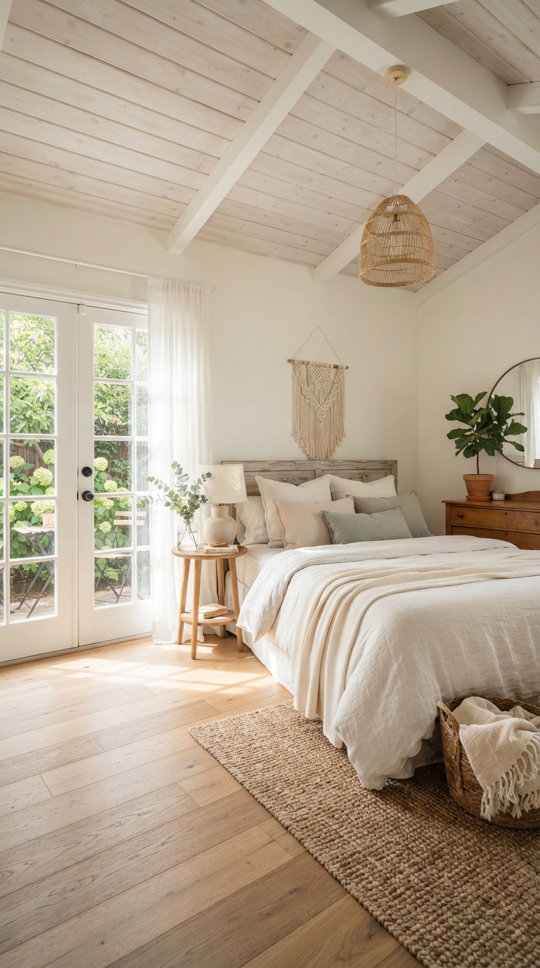 Whitewashed wood plank ceiling in a bright, airy bedroom