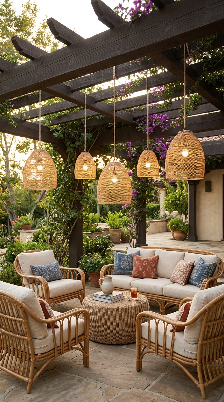 Wicker pendant lights hanging from a pergola beam above outdoor seating