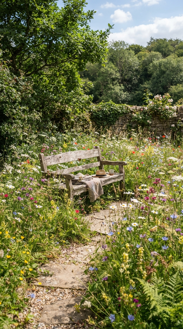 Wildflower meadow corner garden with a rustic wooden bench.