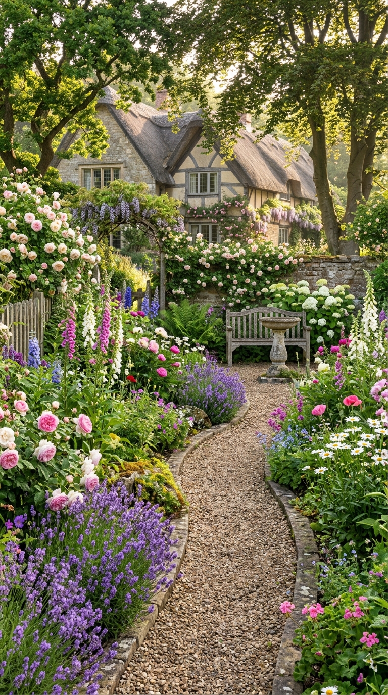Winding gravel garden path surrounded by colorful blooming flowers in a charming English cottage garden.