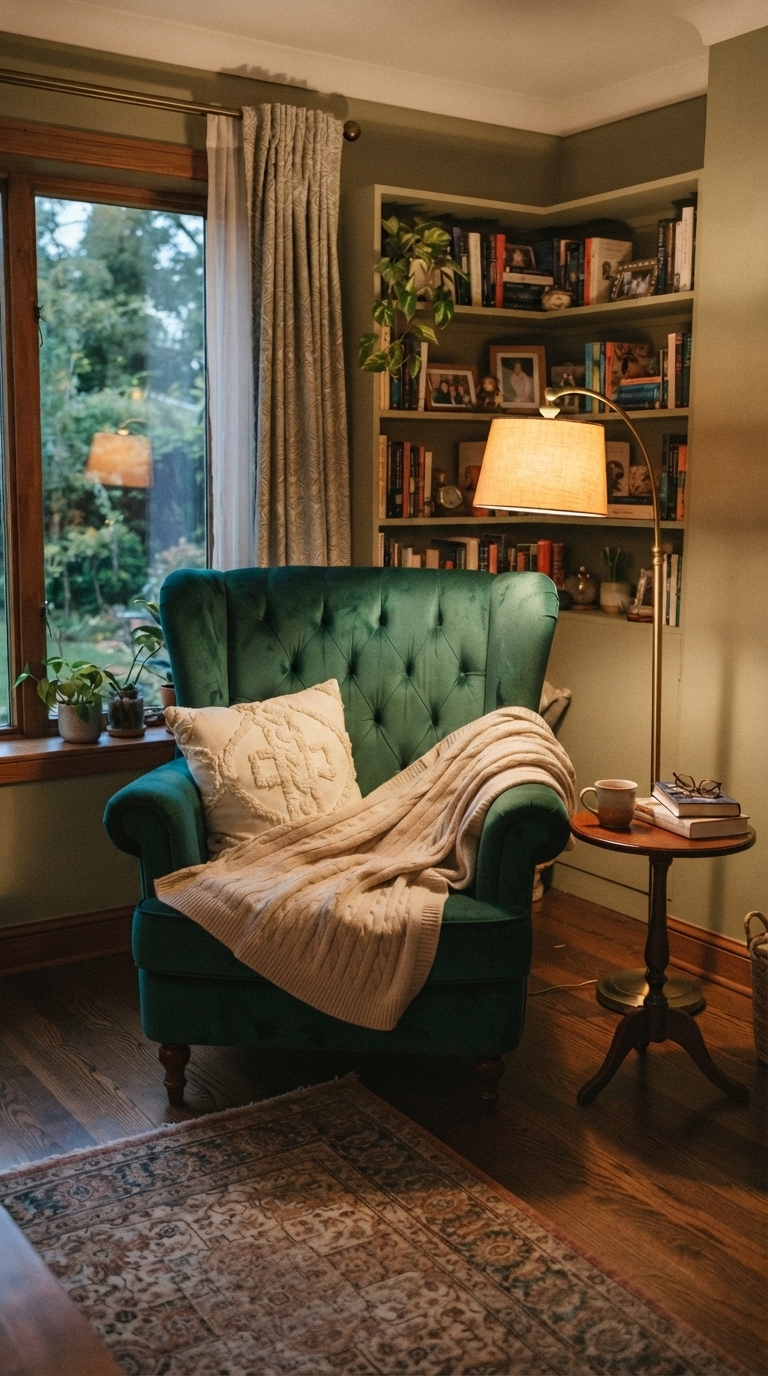 Cozy reading nook with wingback chair and floor lamp