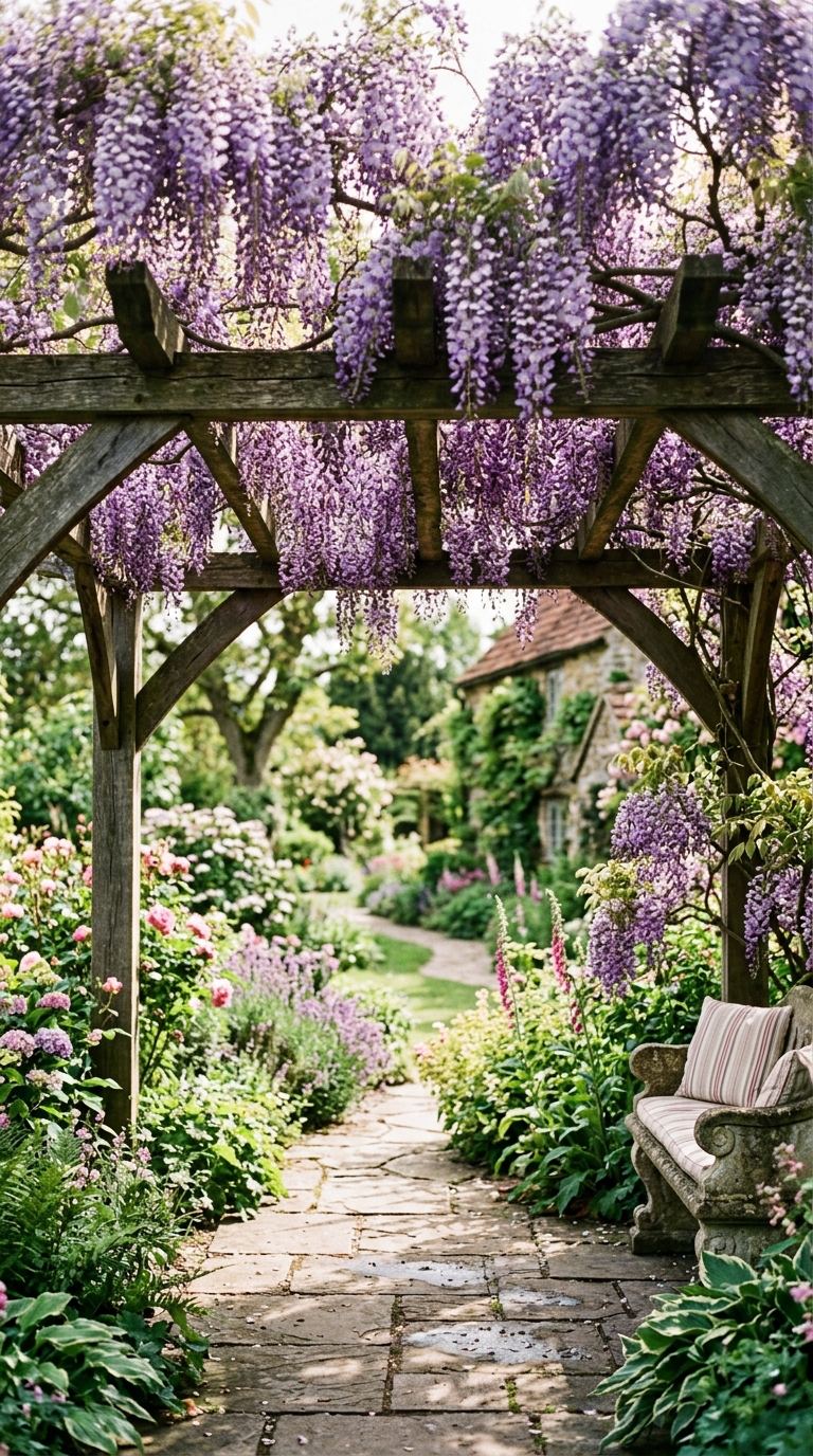 Climbing wisteria over a garden pergola in a romantic English backyard