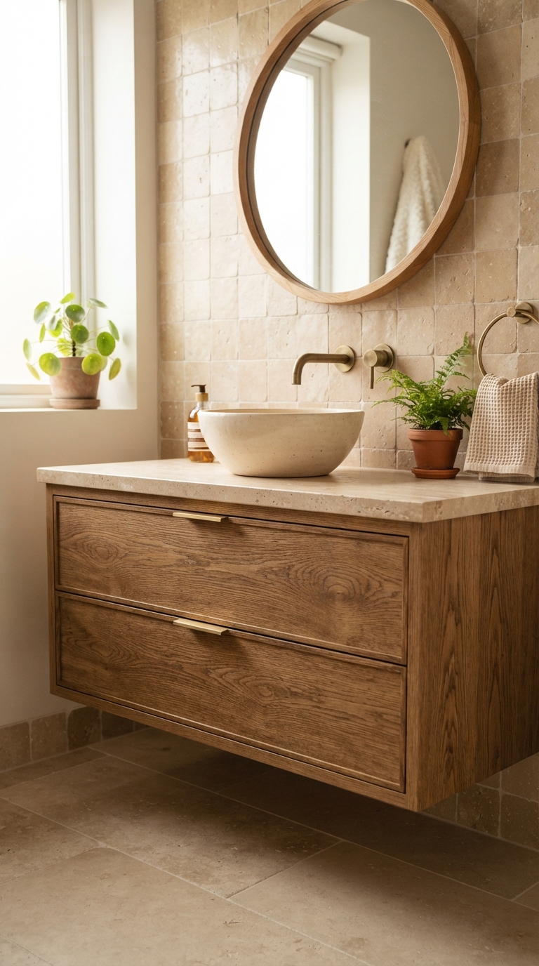 Wood accent idea for warmth in a spa bathroom