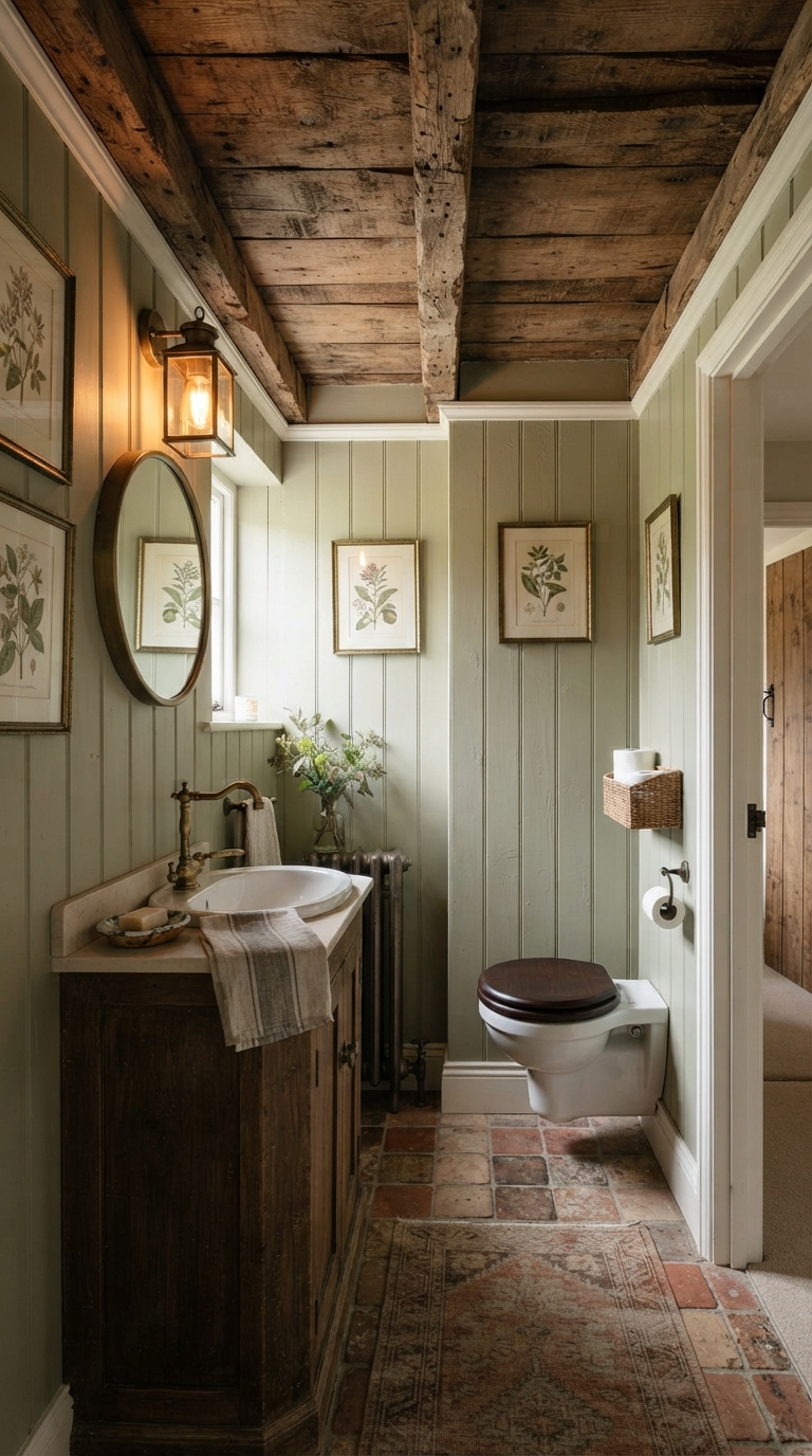 Wood beam ceiling accent in a small powder room