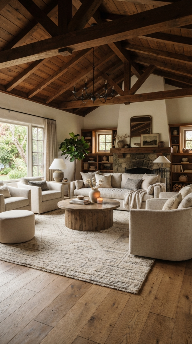 Cozy living room with wood-beamed ceiling and wool textiles
