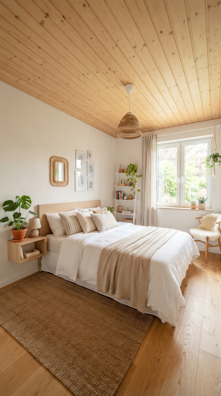 Wood ceiling in a small bedroom designed to open up the space