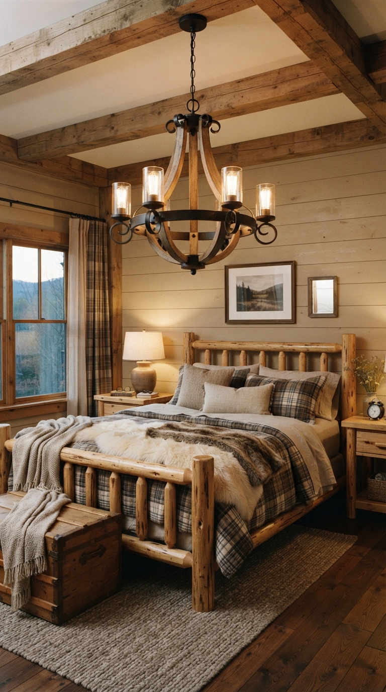 Statement wood chandelier over a bed in a rustic bedroom