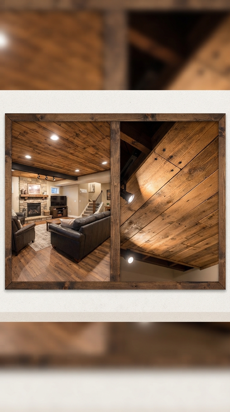 Wood plank basement ceiling installed over a dropped frame