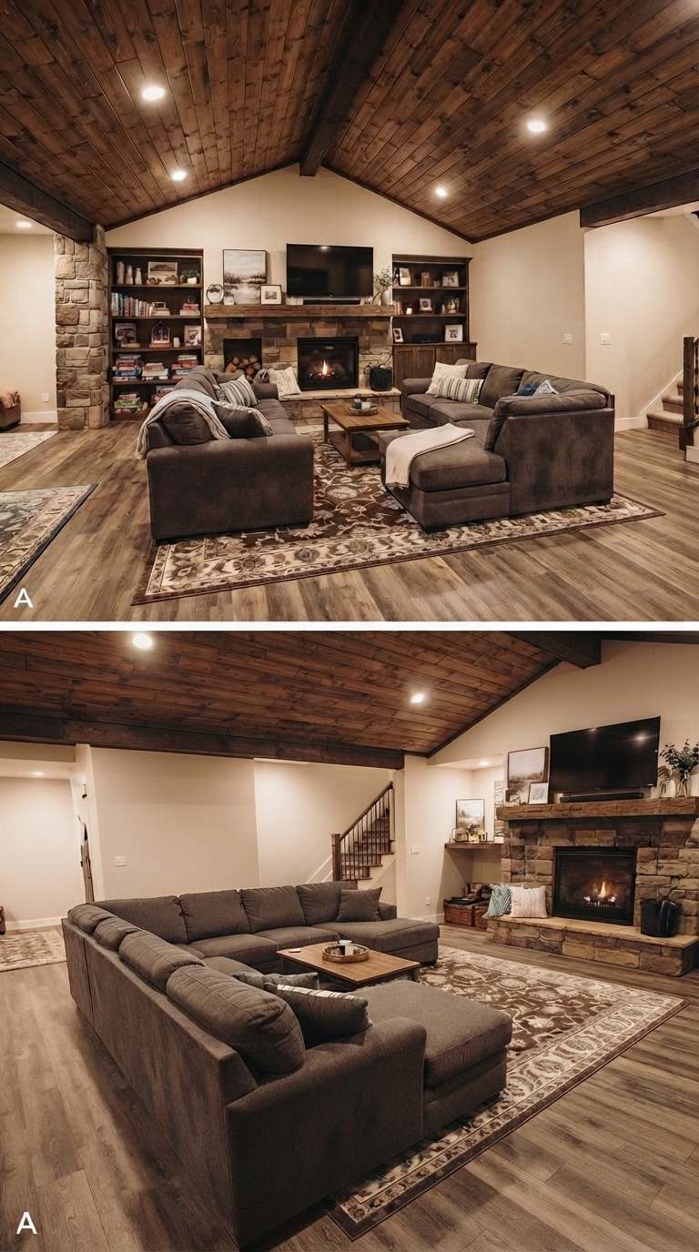 Wood plank ceiling adding warmth to a basement family room