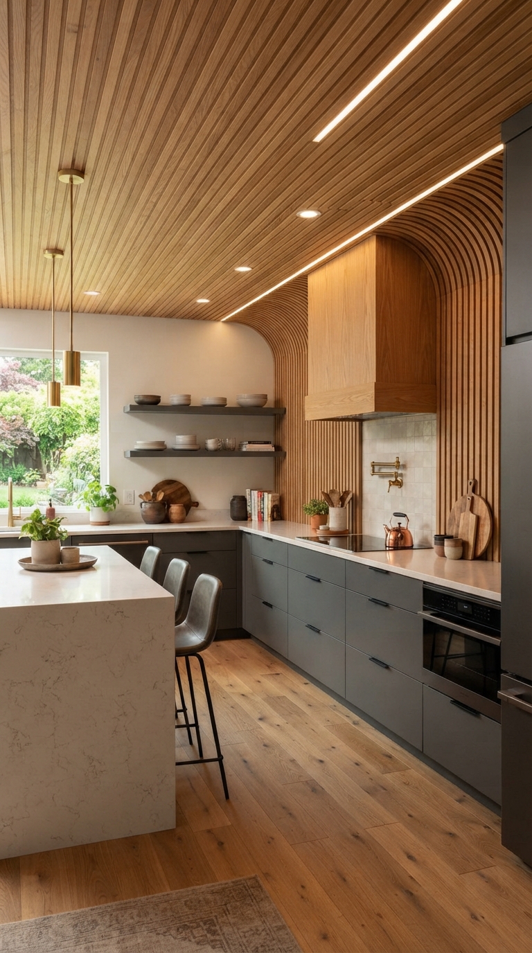 Wood slat ceiling extending into a matching kitchen backsplash
