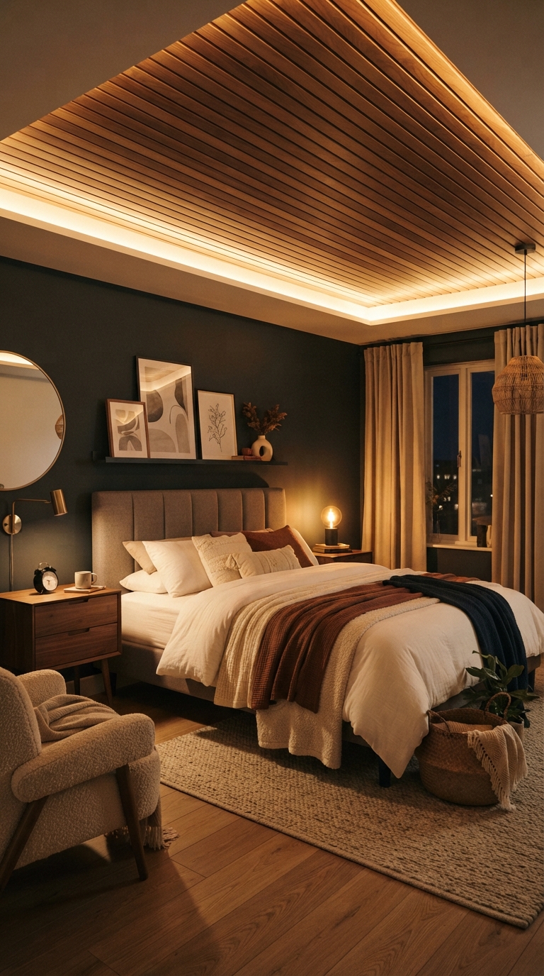 Wood slat ceiling with built-in hidden LED lighting