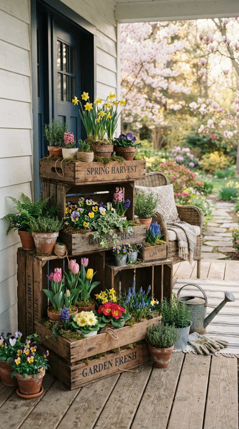 Tiered wooden crate display with potted plants on a spring porch