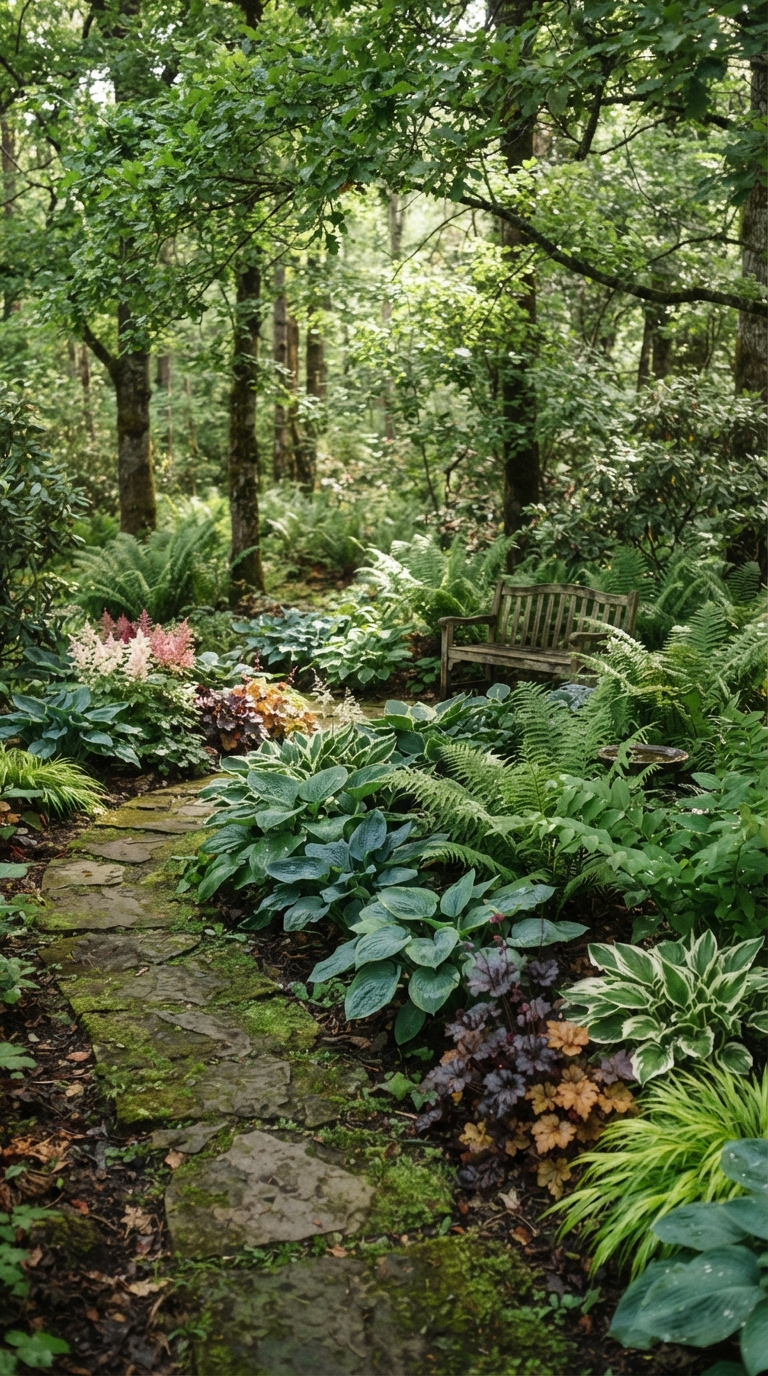 Woodland shade garden corner with ferns and hostas