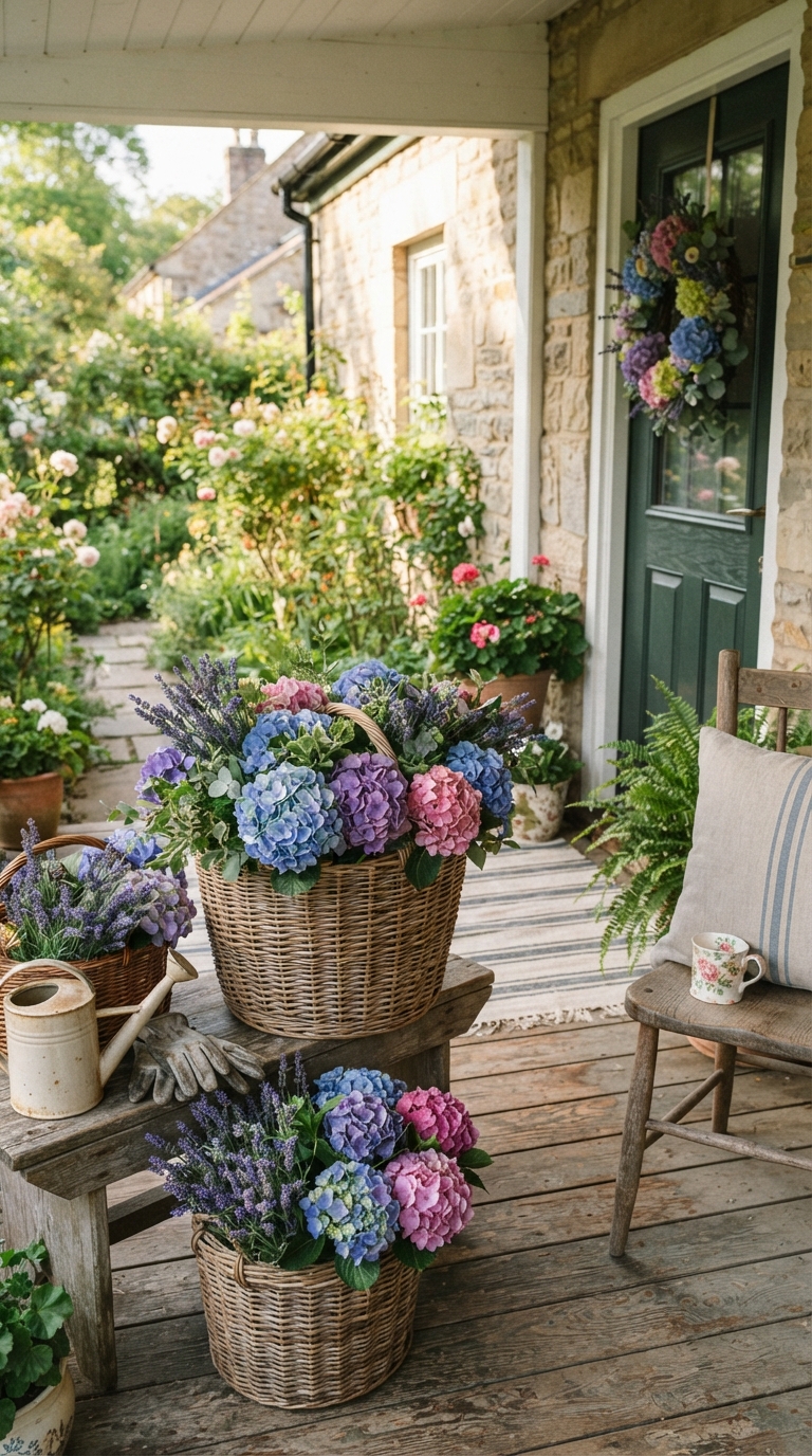 Woven basket flower display styled on a spring front porch