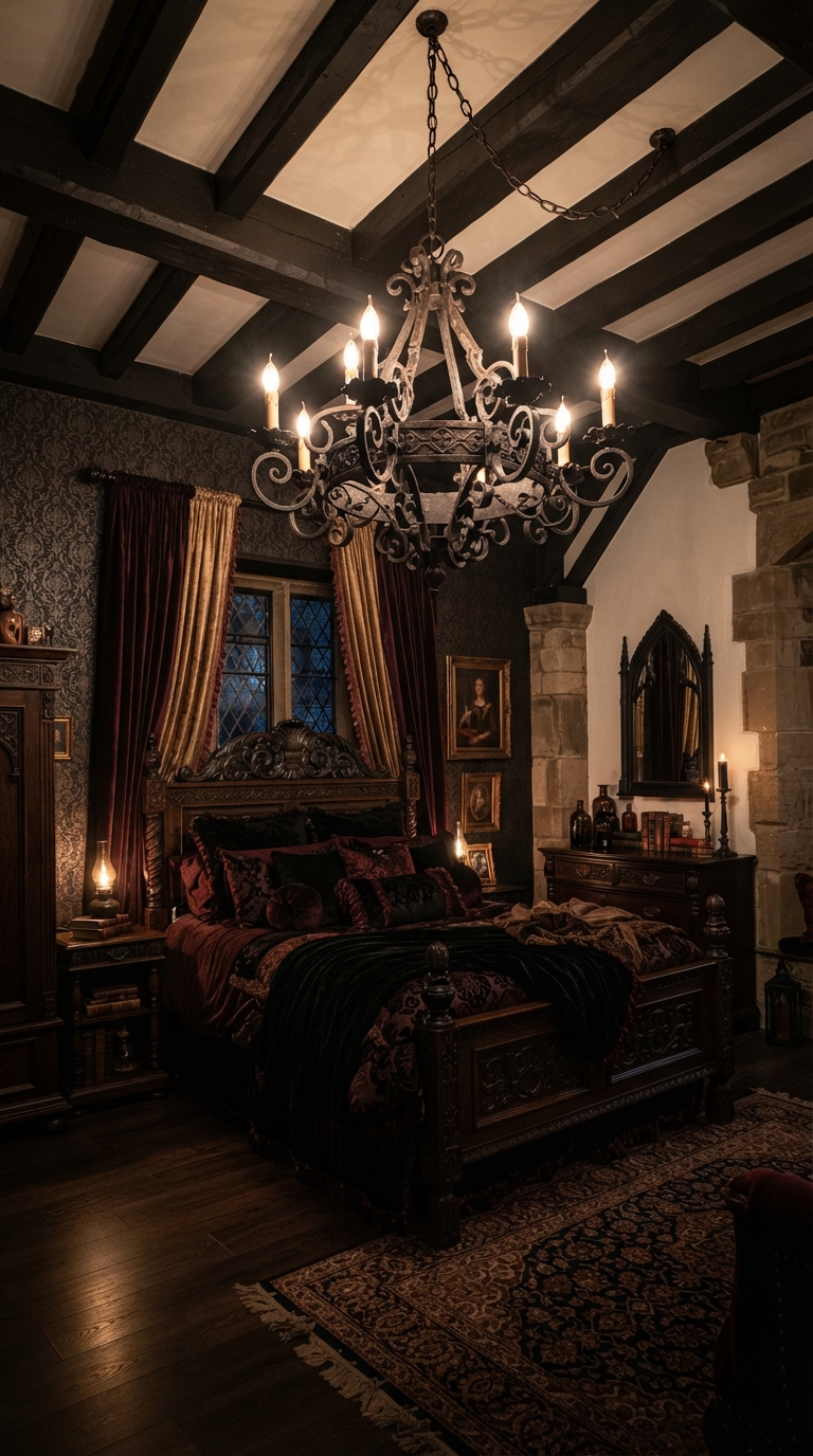Wrought iron chandelier lighting in a romantic gothic bedroom