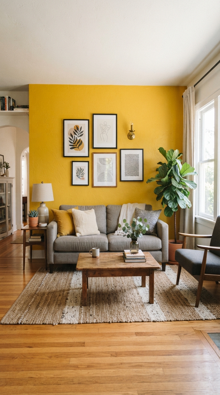 Bold yellow accent wall behind a grey living room sofa