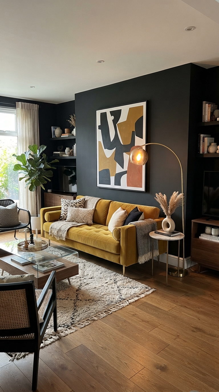 Black living room with mustard velvet sofa and brass accents
