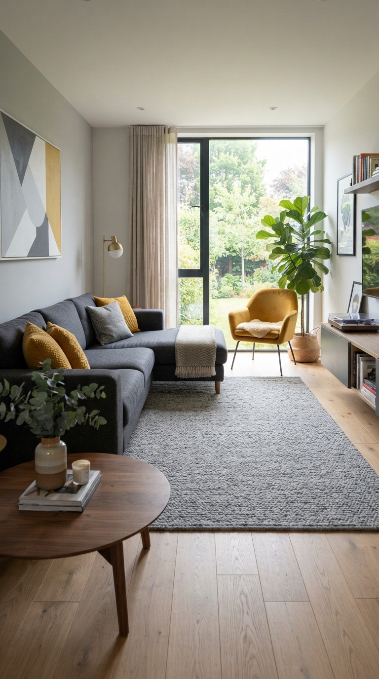 Yellow and grey living room with mustard pillows and charcoal sofa