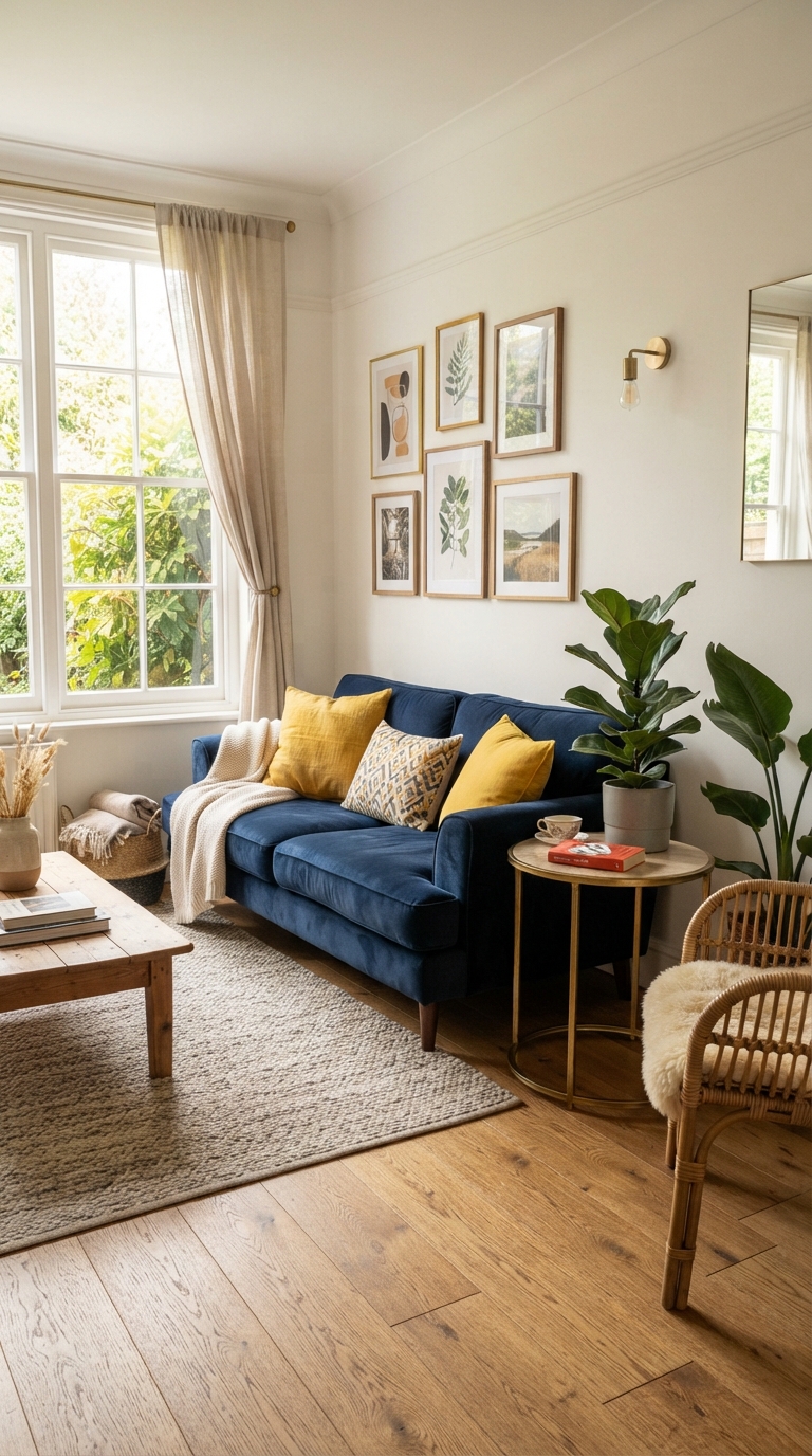 Navy blue sofa styled with yellow pillows in a bright living room
