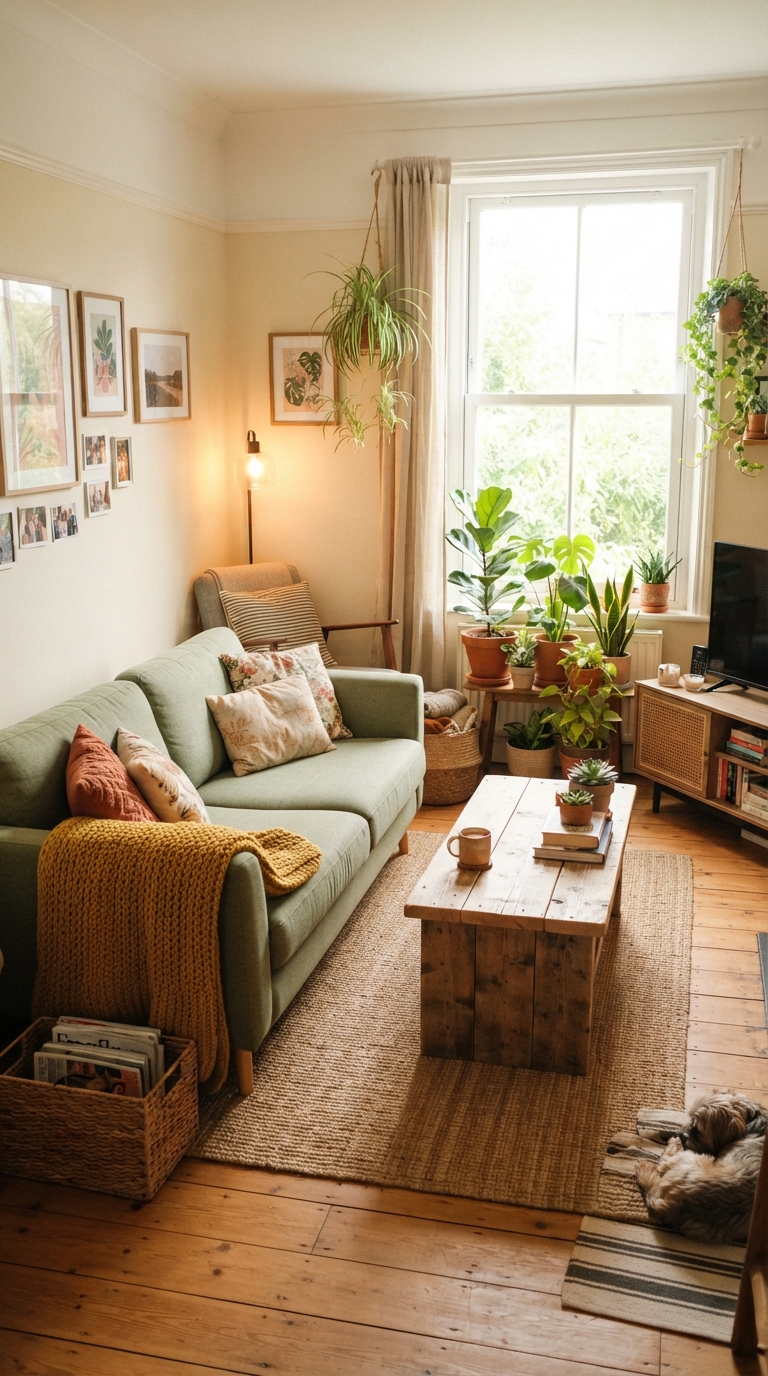 Sage green sofa with yellow throw blanket in an earthy living room