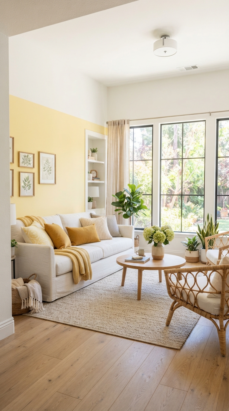 White living room with soft yellow accent wall and matching pillows