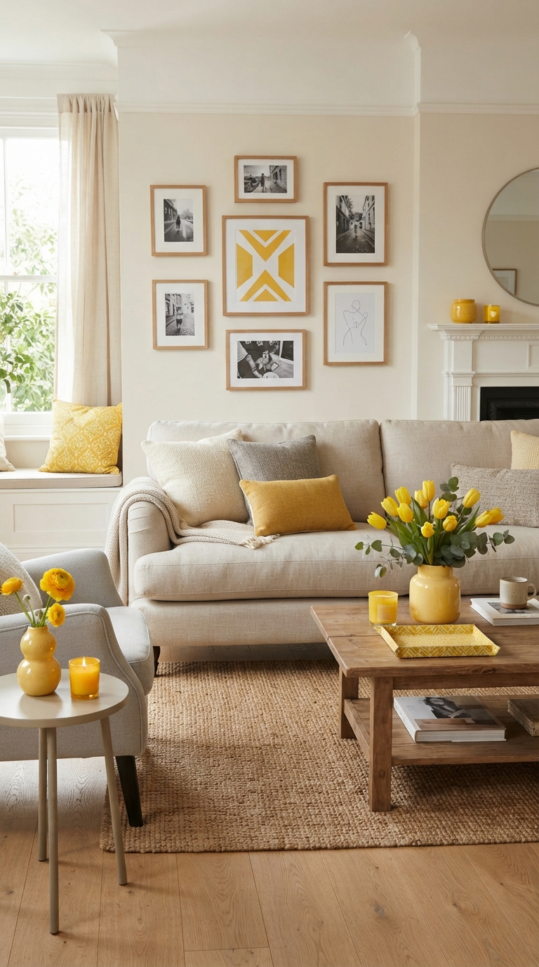 Yellow vases and accessories styled in a neutral living room
