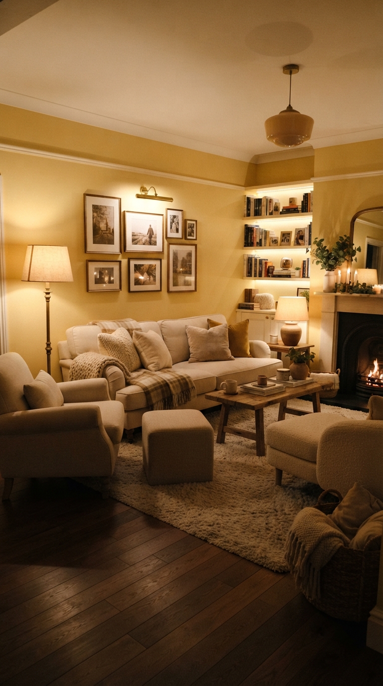 Warm yellow walls brightening a low-light living room