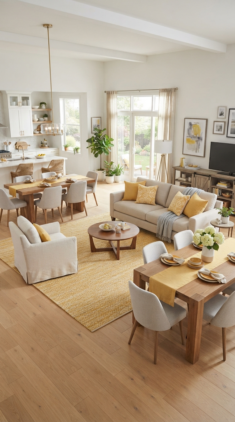 Yellow rug and accents connecting an open-plan living space