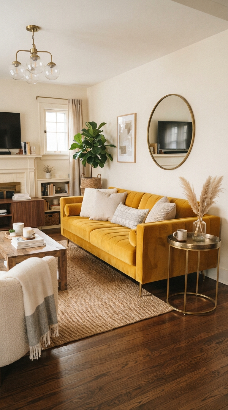 Golden yellow velvet sofa styled as a living room focal point