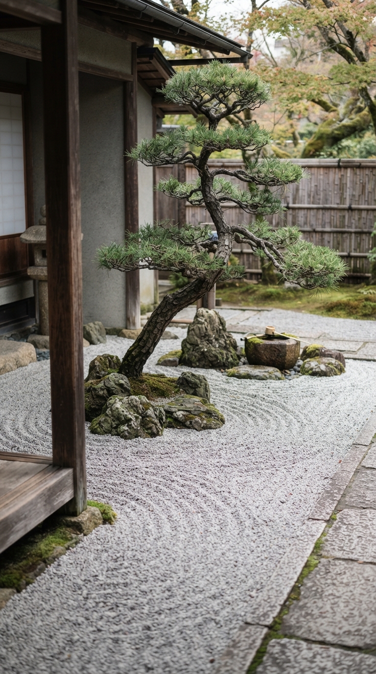 Zen gravel garden corner with raked stones and a sculptural plant