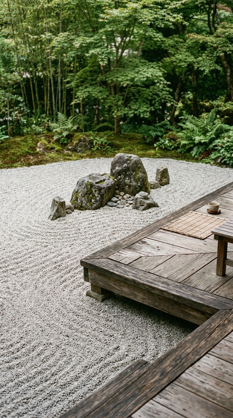 Zen gravel and stone garden corner beside a backyard deck