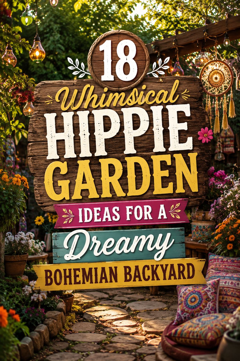 Whimsical hippie garden with colorful bohemian décor, fairy lights, vintage planters, lush flowers, and a dreamy backyard seating area
