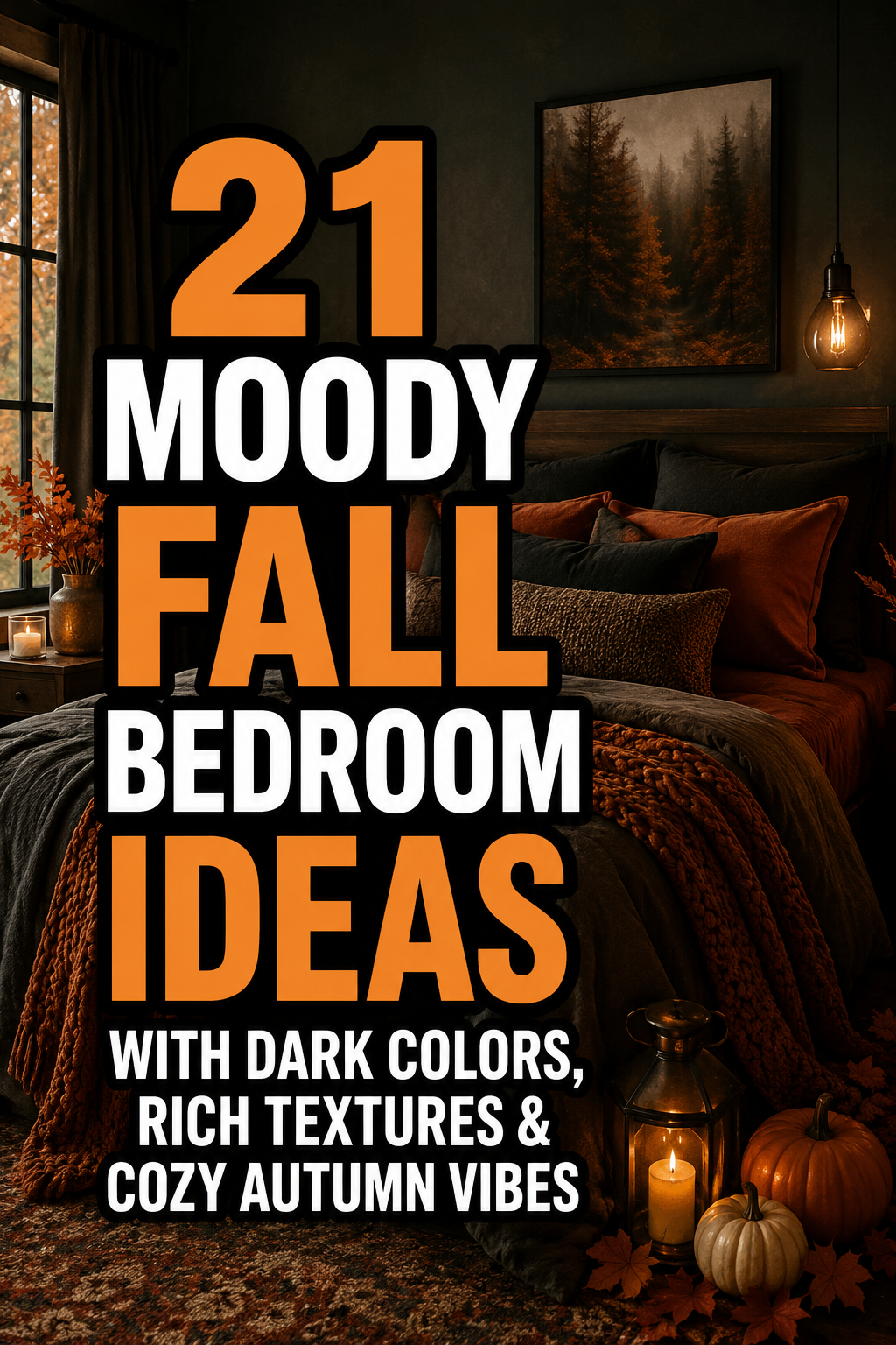 Feature image of a moody fall bedroom with dark colors, rich textures, and cozy autumn decor