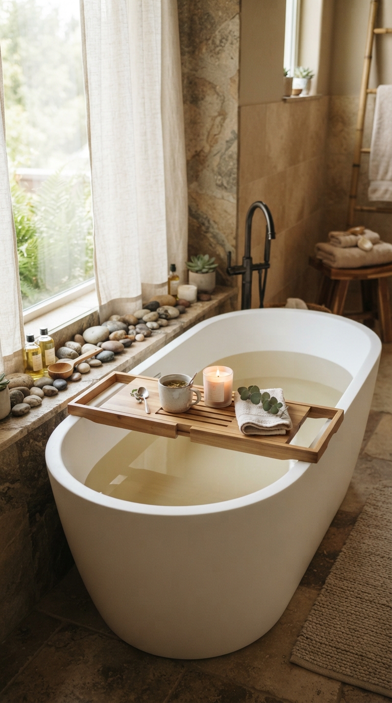 Wood and stone spa bathtub decor with teak tray