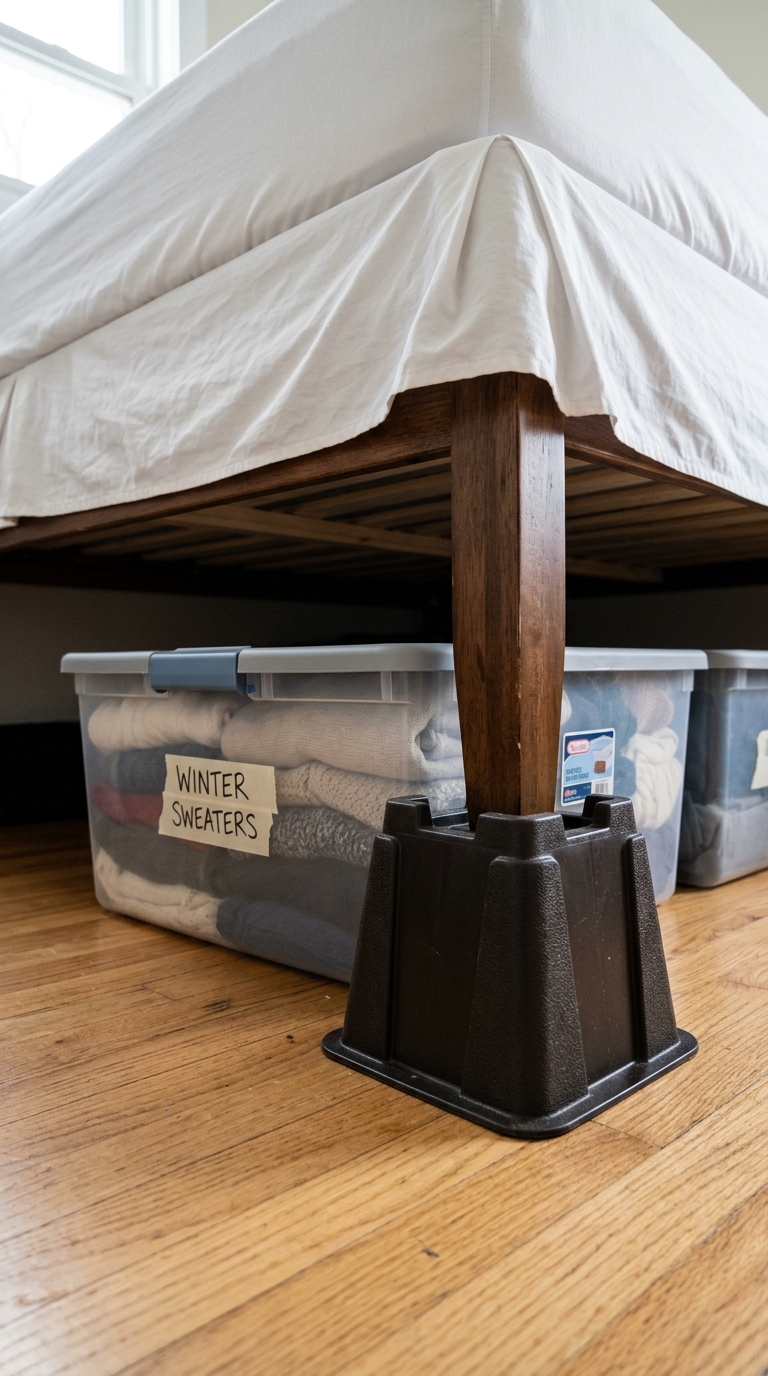 Bed risers with fabric storage bins underneath