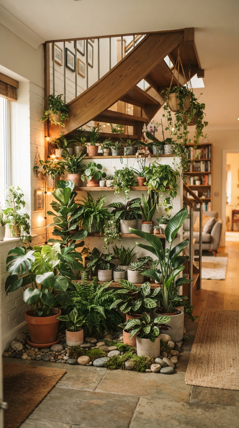 Mini indoor jungle styled in the space under a staircase