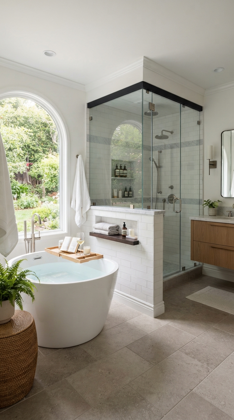 Side-by-side soaking tub and shower zones in a wide bathroom