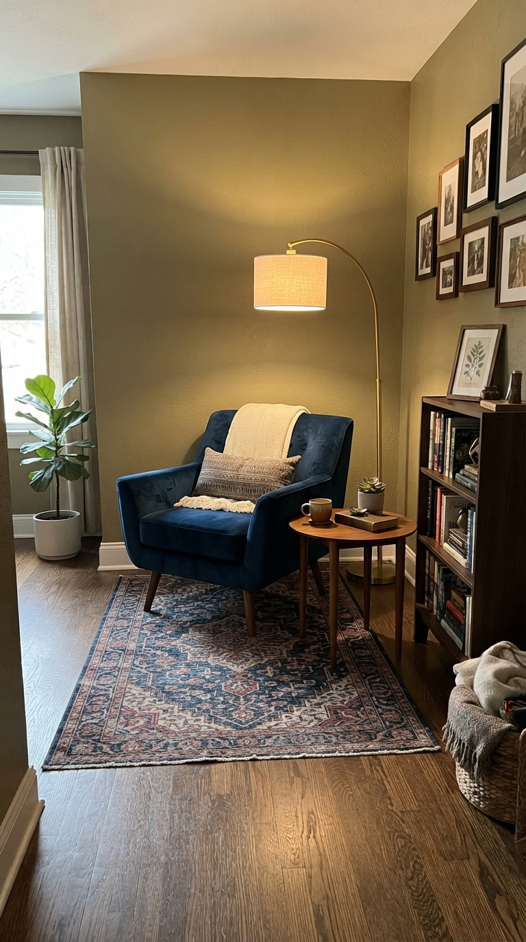 Sapphire jewel tone accent chair styled in a cozy reading nook corner