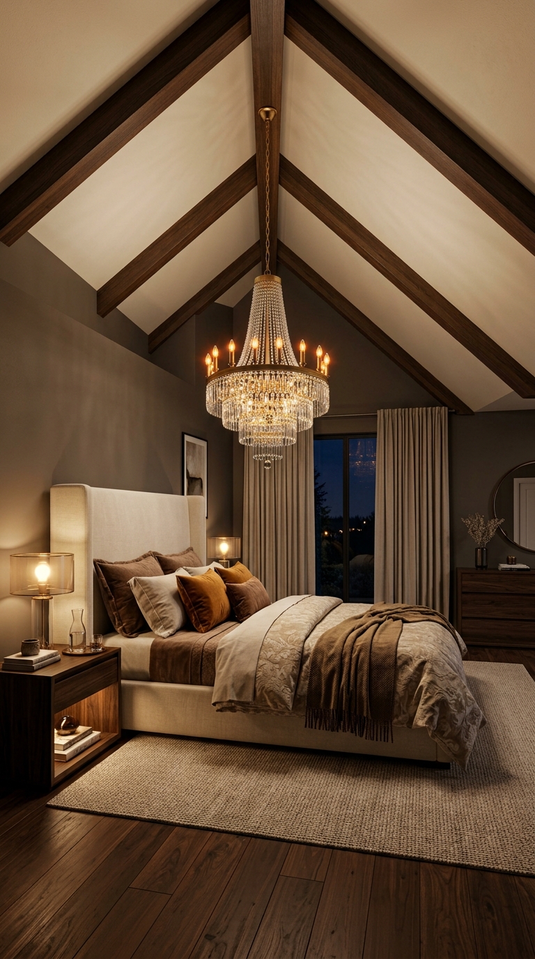 Long-drop statement pendant lighting in a bedroom with a sloped ceiling