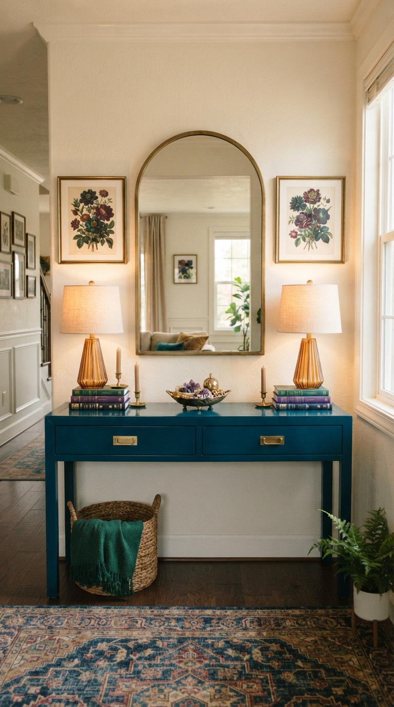 Jewel tone entryway console styled with a mirror, lamp, and framed art