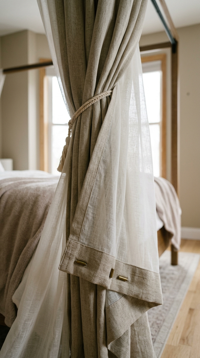 Two-layer canopy curtains combining sheer and structured fabric