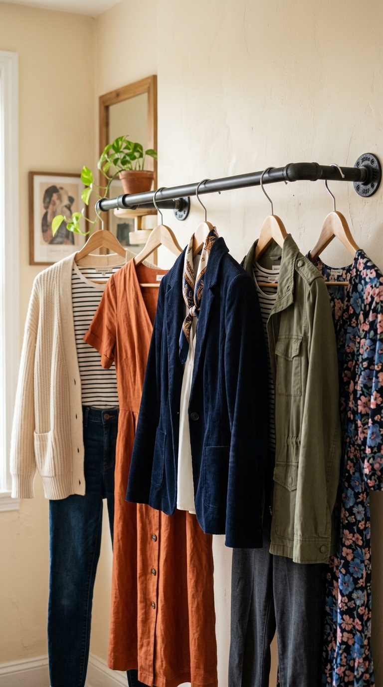 Wall-mounted clothing rail bedroom storage idea