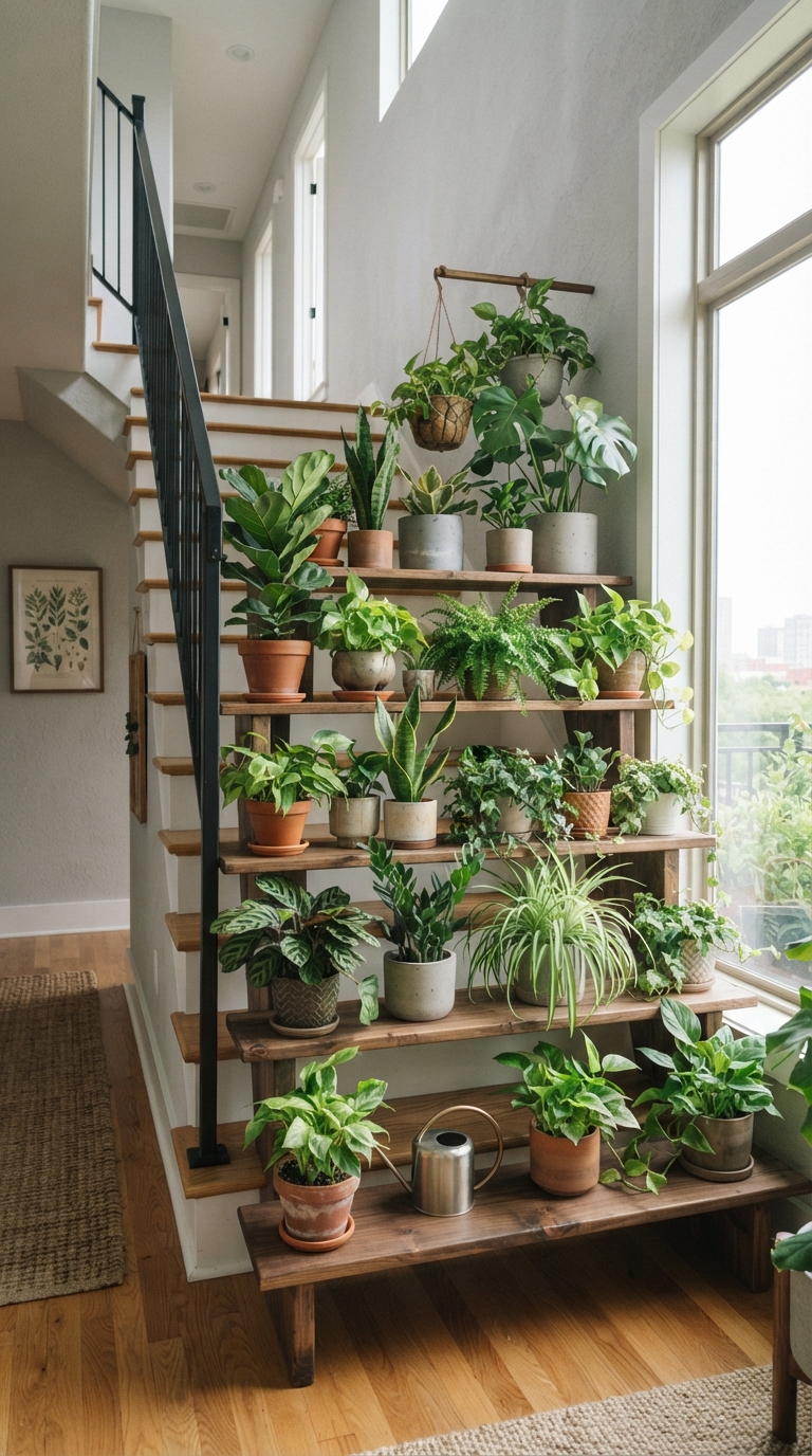 Tiered wooden plant shelf styled with layered greenery under a staircase