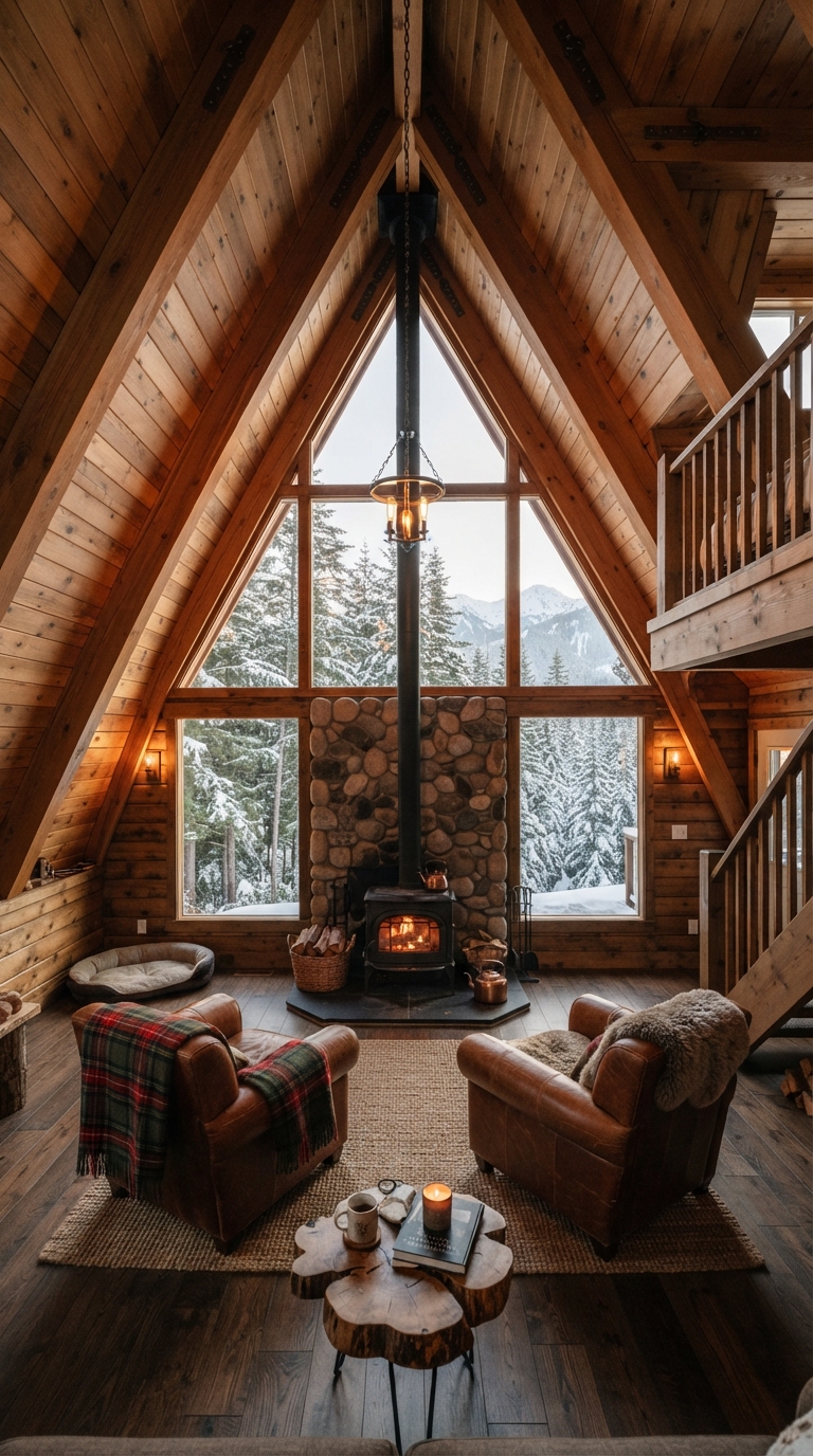 Collage of wood beams on an A-frame cabin vaulted ceiling