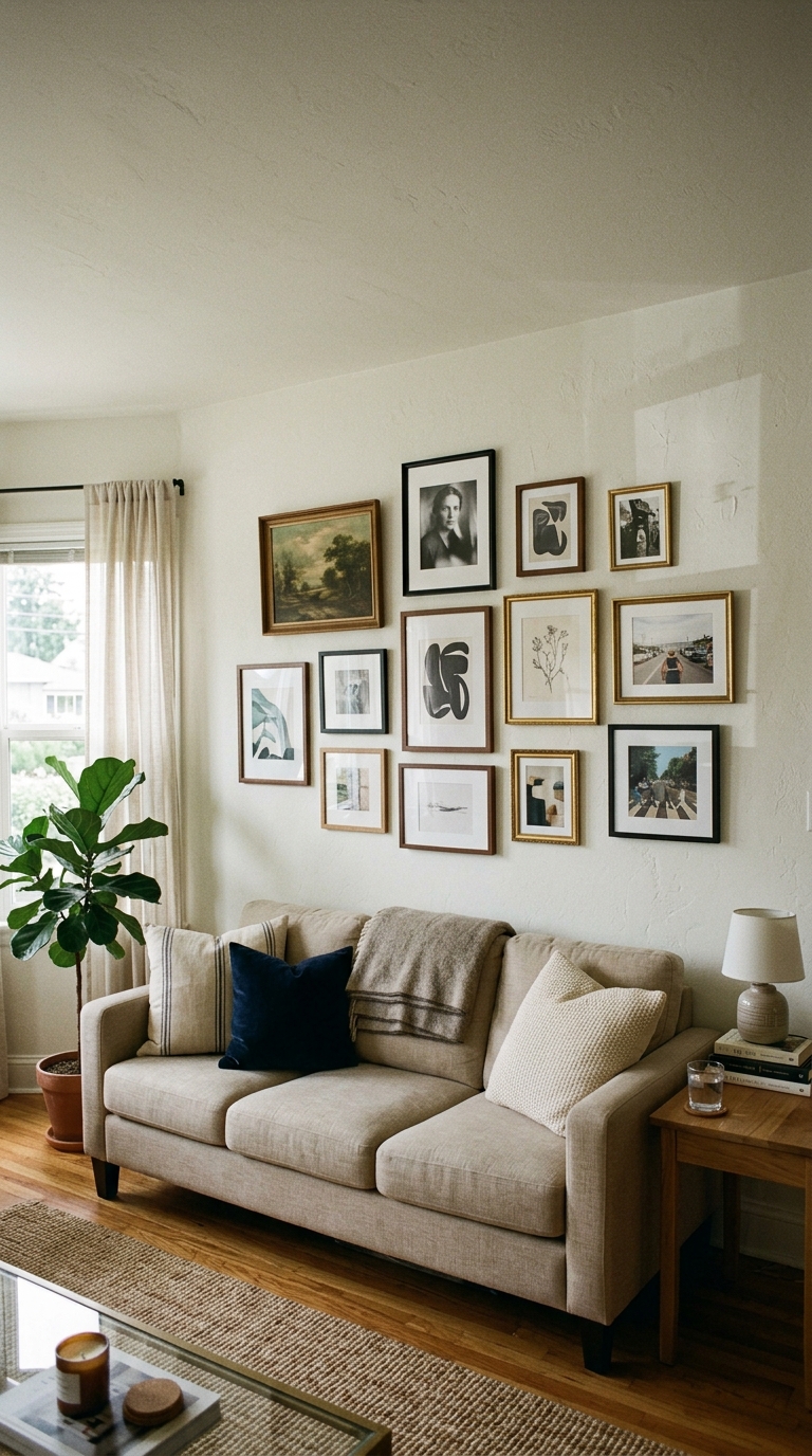 Gallery wall arrangement hung above a living room sofa