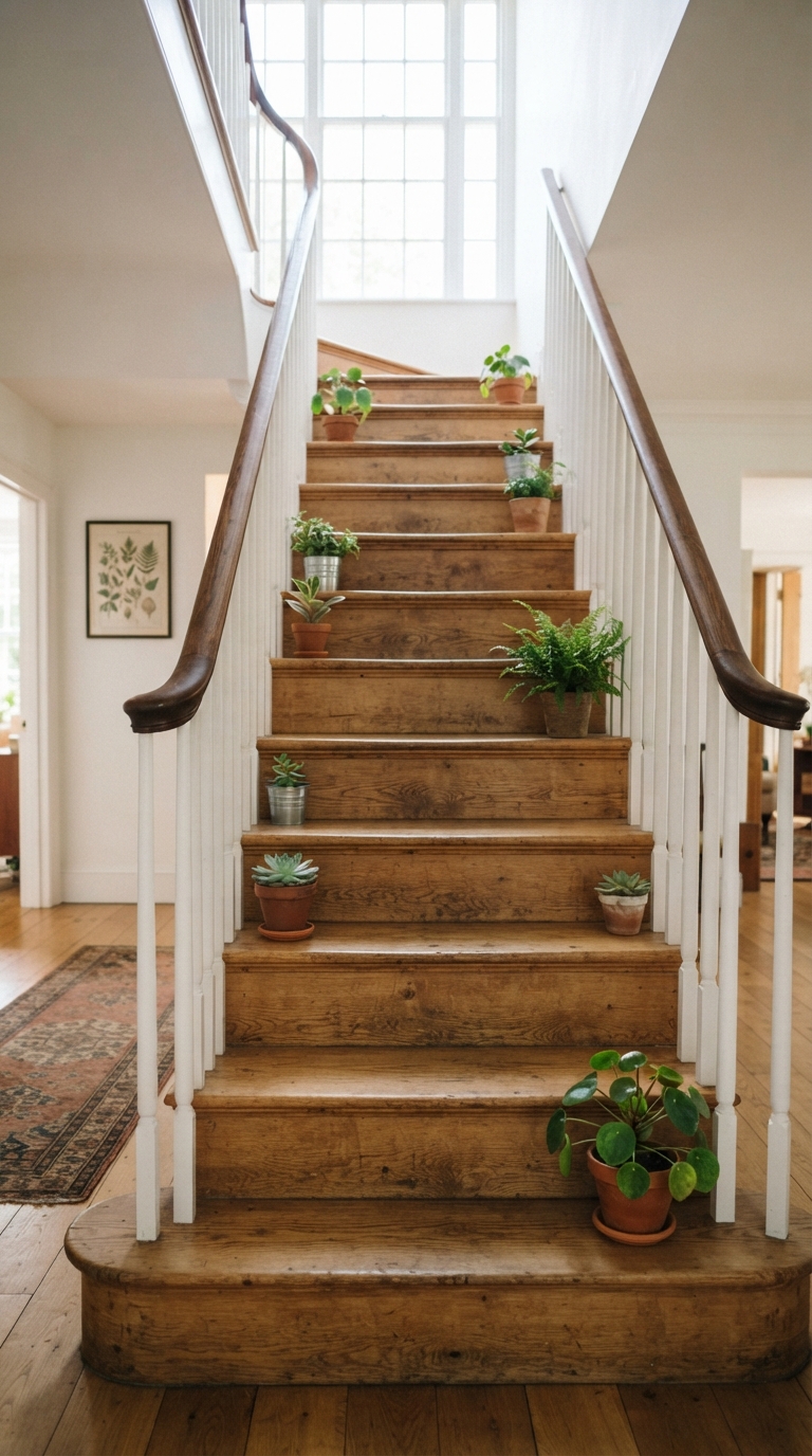 Small potted plants arranged in an alternating pattern on staircase steps