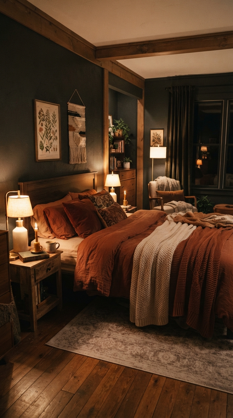 Warm amber and rust toned lighting layers in a moody fall bedroom.